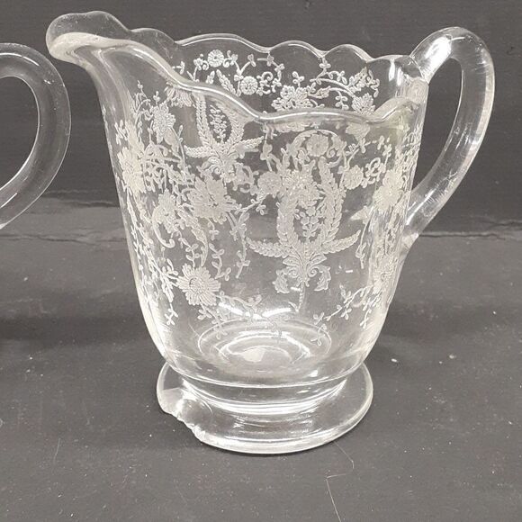 4 pc. bundle Fostoria Cambridge etched crystal creamer sugar, pitcher, dish - Picture 9 of 15